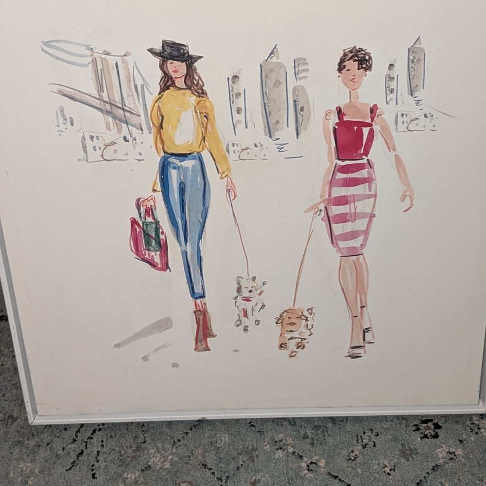 Mine Fashionable City Walk Art - Yellow, Pink, Blue nice framed canvas piece.